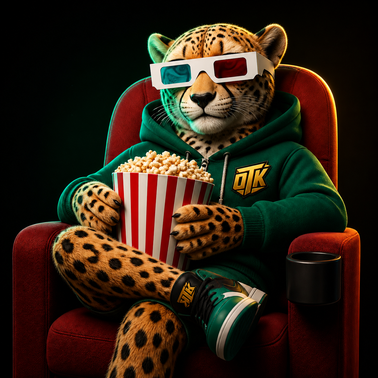 Mascote da OTK Play assistindo filmes na poltrona de cinema