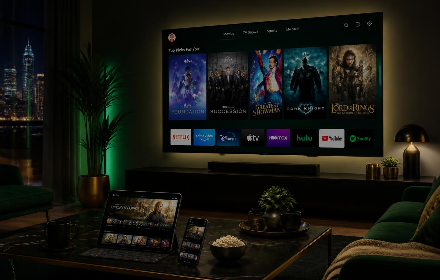 Smart TV, tablet e celular exibindo o catálogo da OTK Play